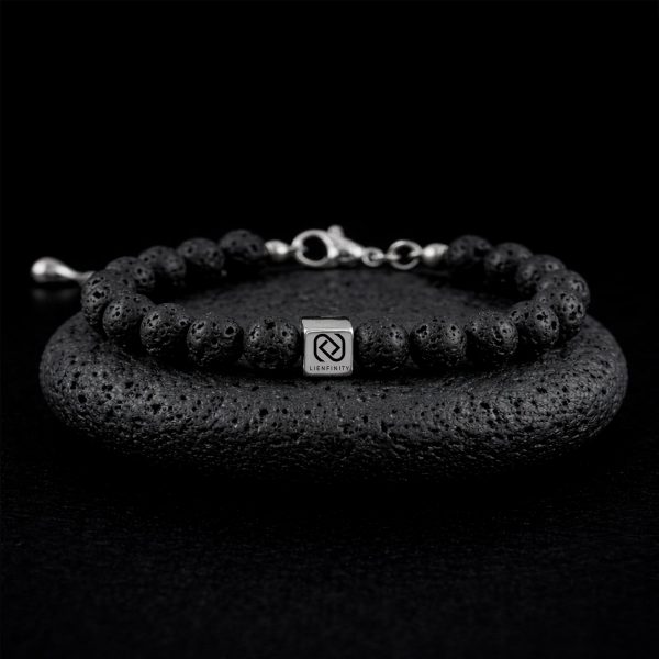 Bracelet unisexe en Pierre de Lave naturelle noire et poreuse de 8 mm, doté d'un insert en acier inoxydable 316L avec QR code gravé.