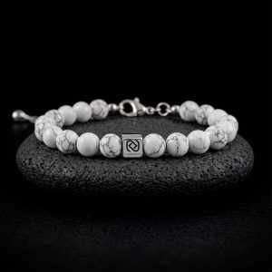 Bracelet Howlite LIENFINITY - Le Bijou du Lien qui Reste. Bracelet en Howlite naturelle blanche marbrée de 8 mm avec insert chirurgical 316L et QR code propriétaire.