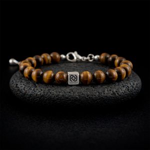 Bracelet Œil de Tigre LIENFINITY - Bijou Connecté et Pierre Naturelle Bracelet unisexe en perles d'Œil de Tigre naturel de 8 mm avec un insert en acier inoxydable 316L gravé d'un QR code propriétaire LIENFINITY.