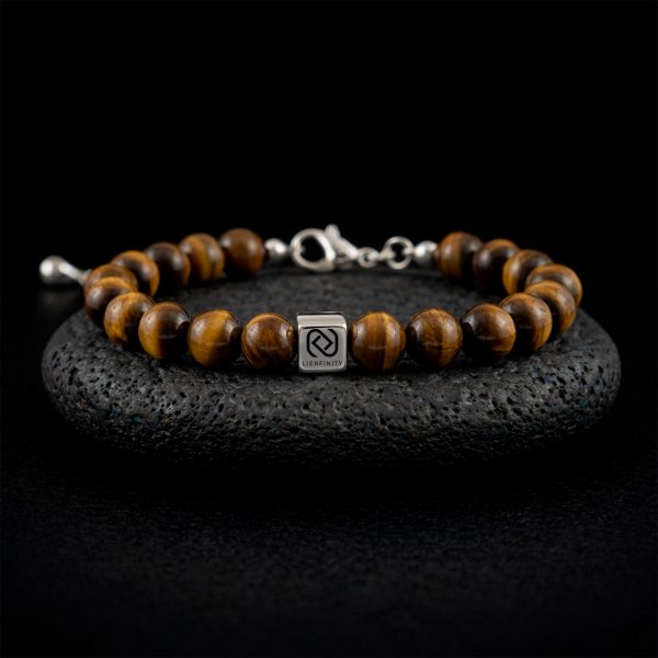 Bracelet Œil de Tigre LIENFINITY - Bijou Connecté et Pierre Naturelle Bracelet unisexe en perles d'Œil de Tigre naturel de 8 mm avec un insert en acier inoxydable 316L gravé d'un QR code propriétaire LIENFINITY.