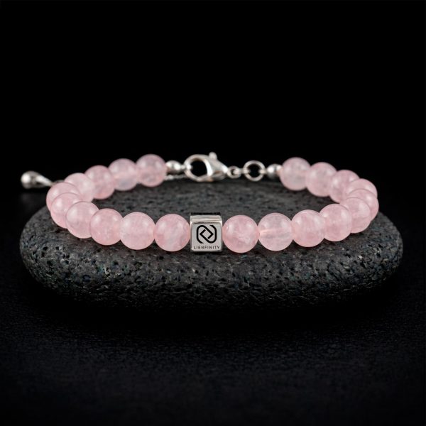Bracelet Quartz Rose LIENFINITY - Bijou de Lien Continu Bracelet en perles de Quartz Rose naturel de 8 mm avec un insert en acier inoxydable 316L gravé d'un QR code haute précision.