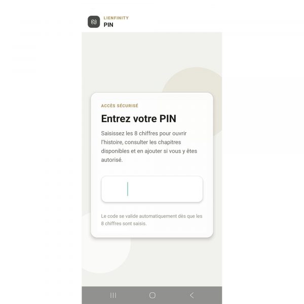 interface-saisie-code-application-lienfinity Interface de l'application LIENFINITY affichant le clavier numérique pour la saisie manuelle des codes de lecture et d'écriture.