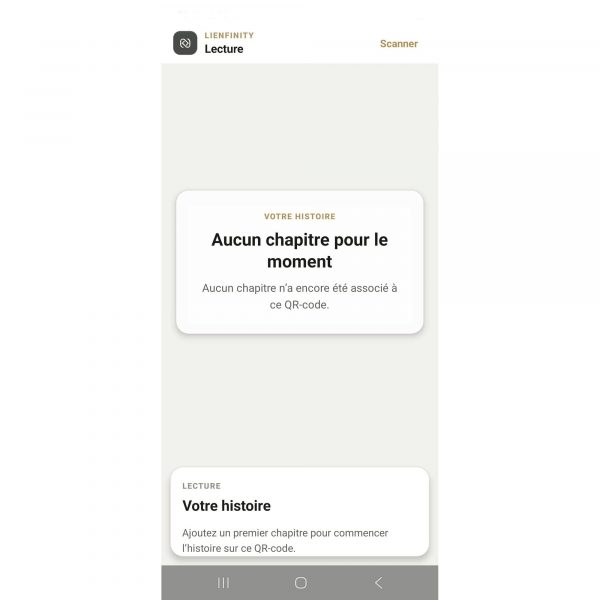 interface-gestion-chapitres-video-histoire Interface de lecture de l'application LIENFINITY affichant une histoire sans chapitre et proposant d'ajouter une première vidéo au QR code.