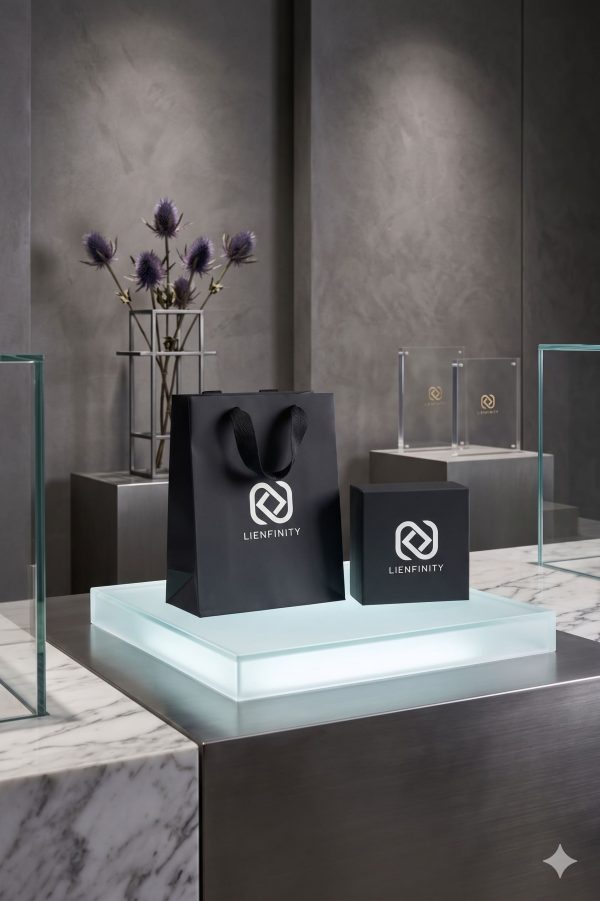 Packaging de luxe LIENFINITY. comprenant un sac cadeau noir élégant et un écrin haut de gamme avec logo blanc. L'ensemble est présenté de manière soignée pour accompagner vos bracelets en pierres naturelles.