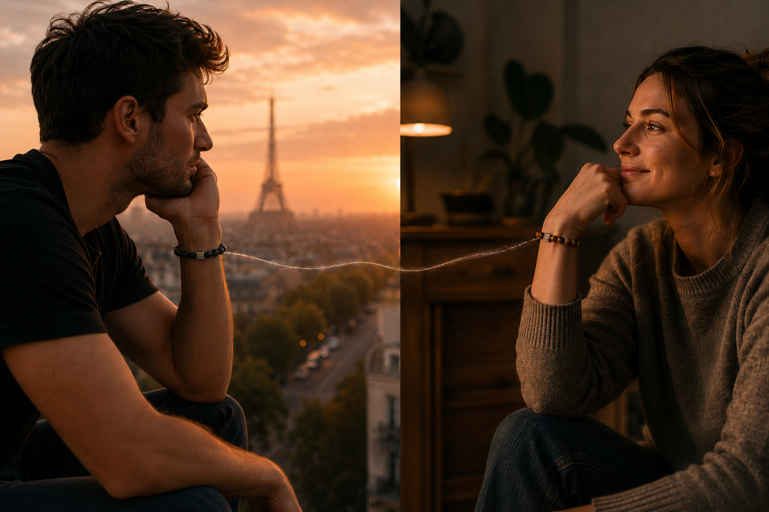 Un homme et une femme séparés par la distance portent des bracelets connectés symbolisant leur lien émotionnel.